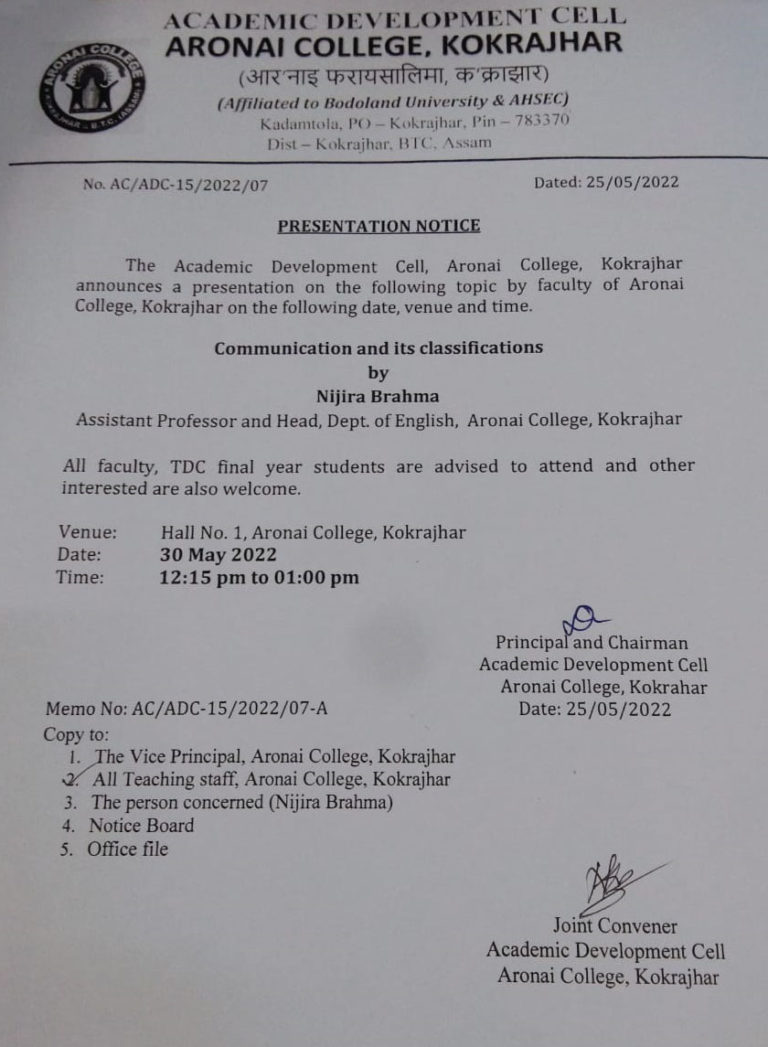 Seminar on Communications and its Classifications by HOD, English